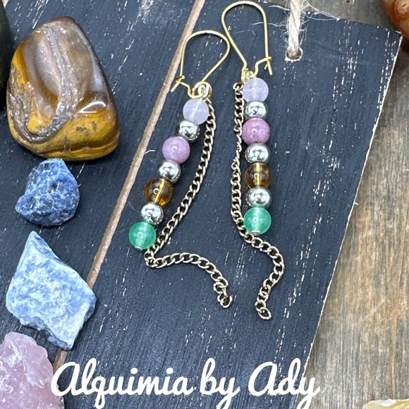Alquimia Green and Purple Earrings with Gold Chain multi stone extra long - Picture 1 of 1